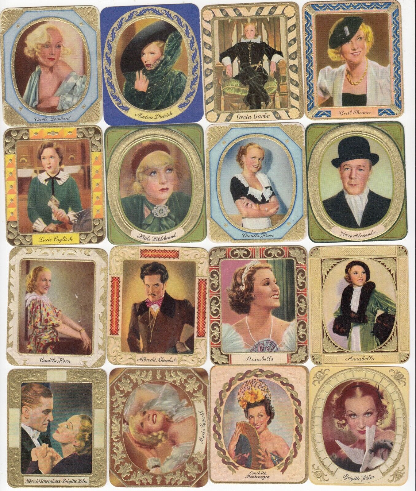 16 1934 Embossed Movie Film Cards  CAROLE LOMBARD  GRETA GARBO  MARLENE DIETRICH