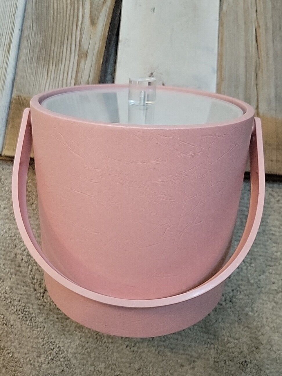 Mr Ice Bucket Vintage Pink Faux Leather With Plastic Handle Clear Lid Made In...