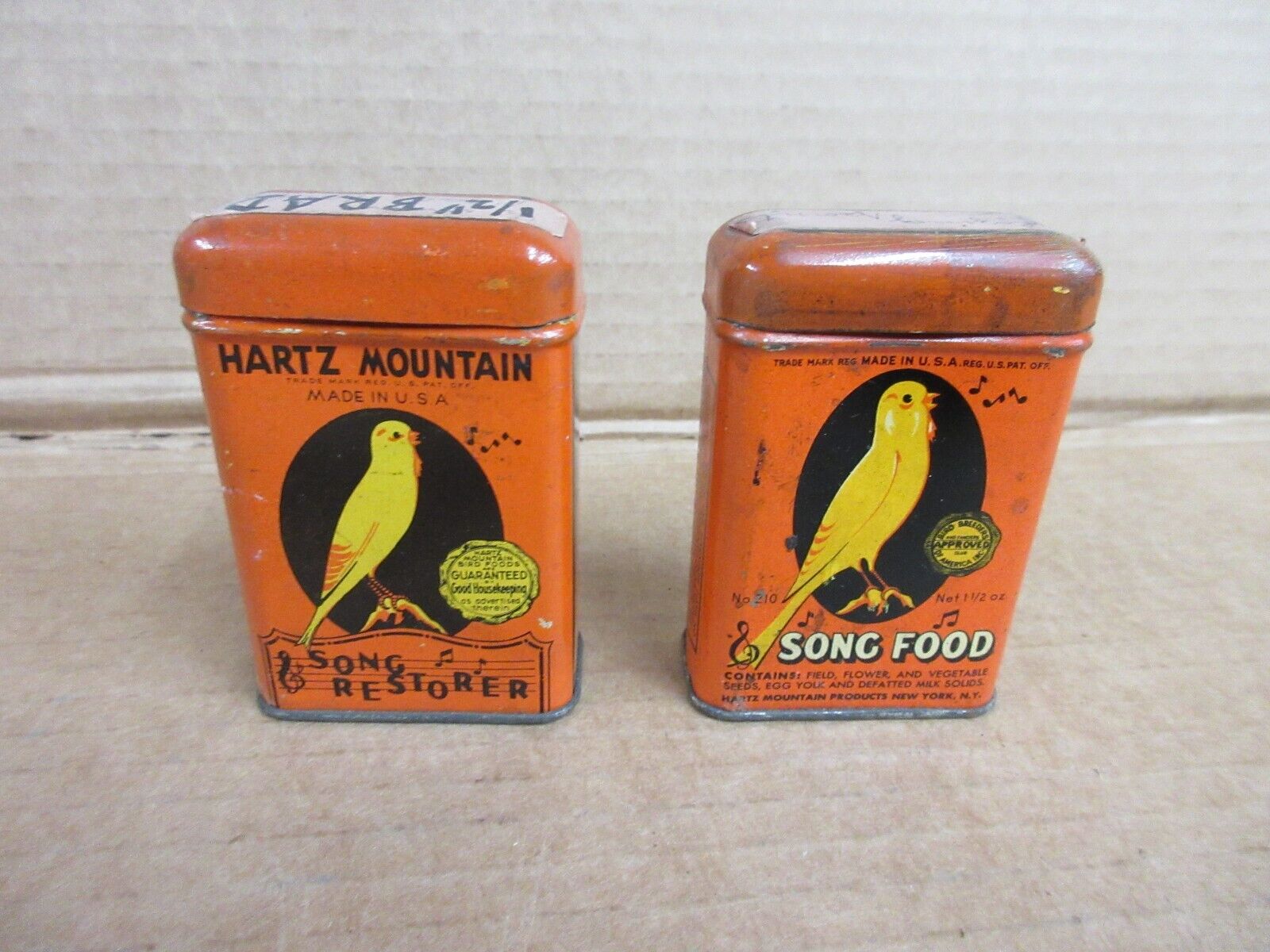 Vintage Pair of Hartz Mountain Bird Song Restorer 1950s Metal Tin  C