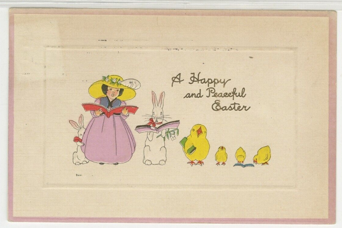 Easter Postcard A/S S Bergman Artist Signed Girl & Bunny Sing To Chicks 1913 E18
