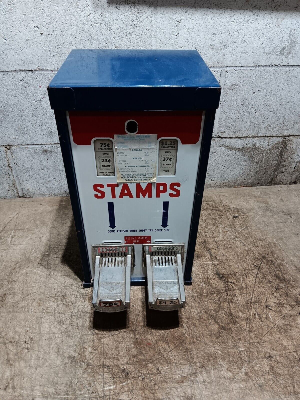 Vintage US Postage Stamp Machine With Dual Coin Slots Wall Mount