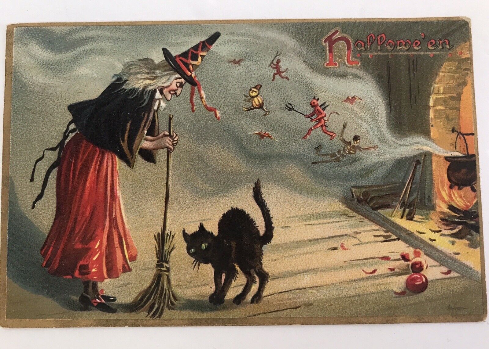 Antique/Vtg R.Tuck & Sons Posted 1908 CLASSIC-Witch/Black Cat/Demons/Cauldron