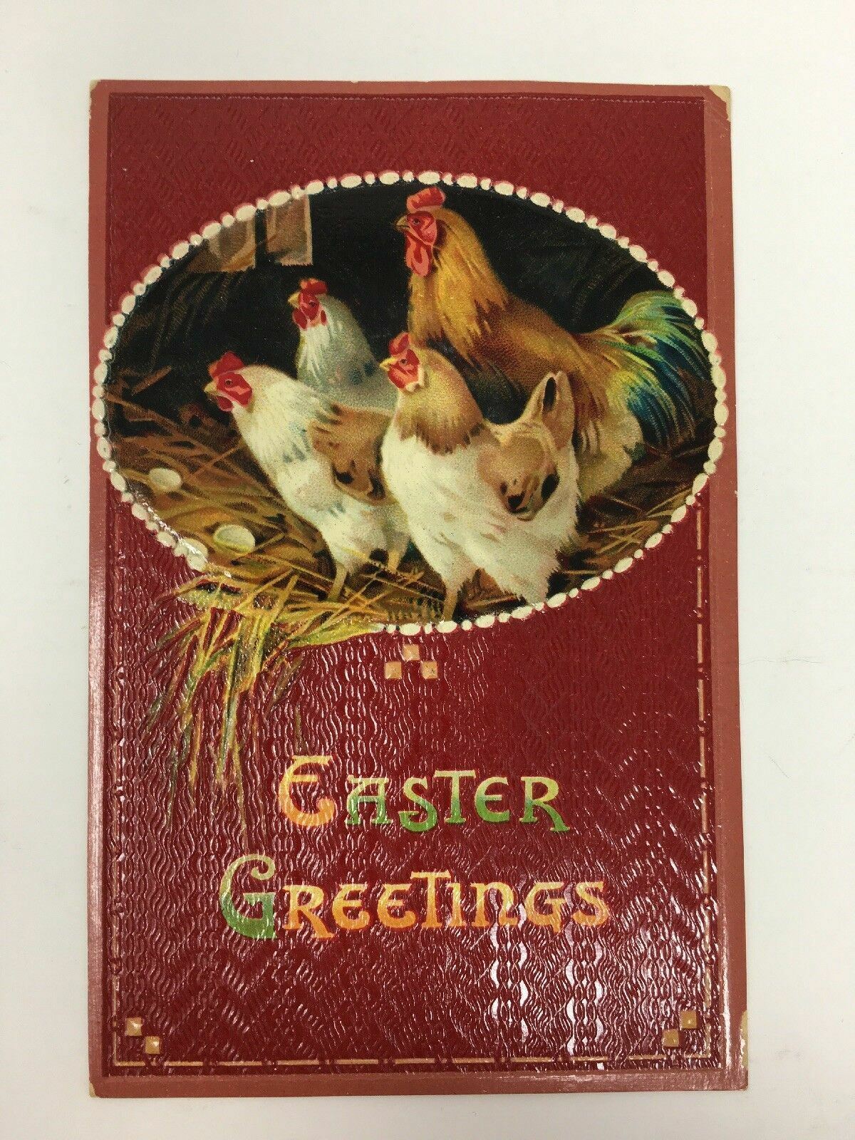 C. 1910 Easter Greetings Postcard Rooster Chickens Eggs Embossed