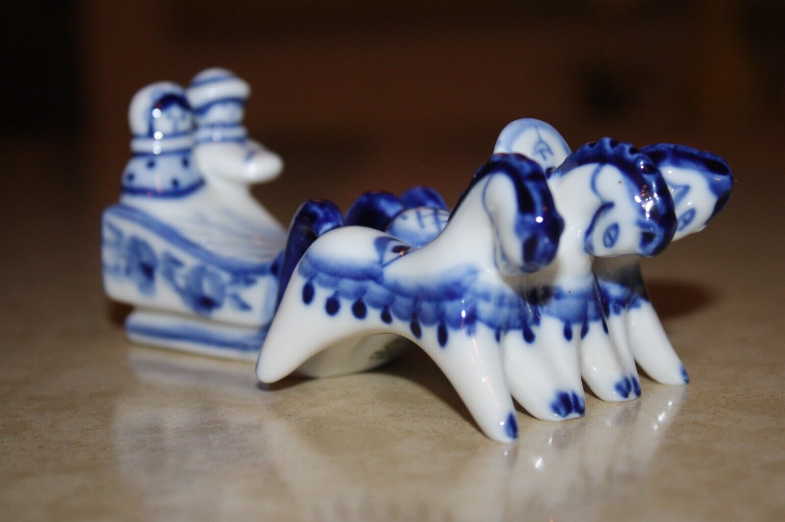 Vintage GZHEL (Russian) Hand-Painted 3 Horse Sleigh Blue & White Porcelain