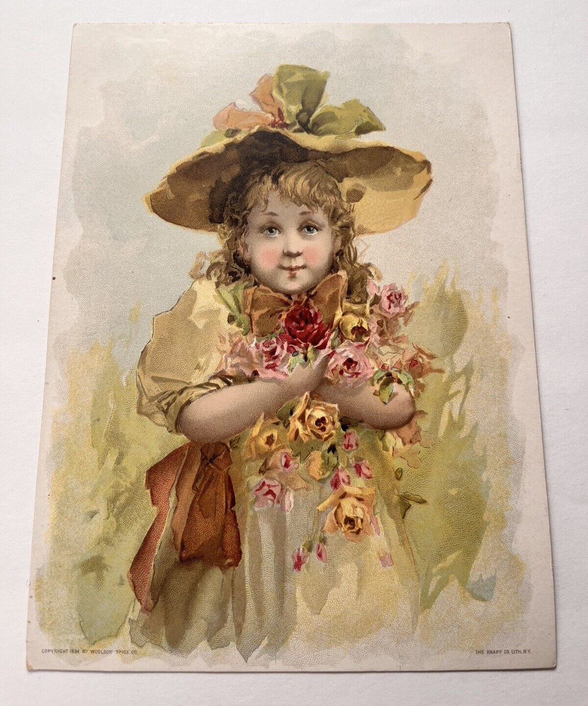 Vintage 1894 Lion Coffee, Woolson Spice Co. Girl Roses Hat Trade Card