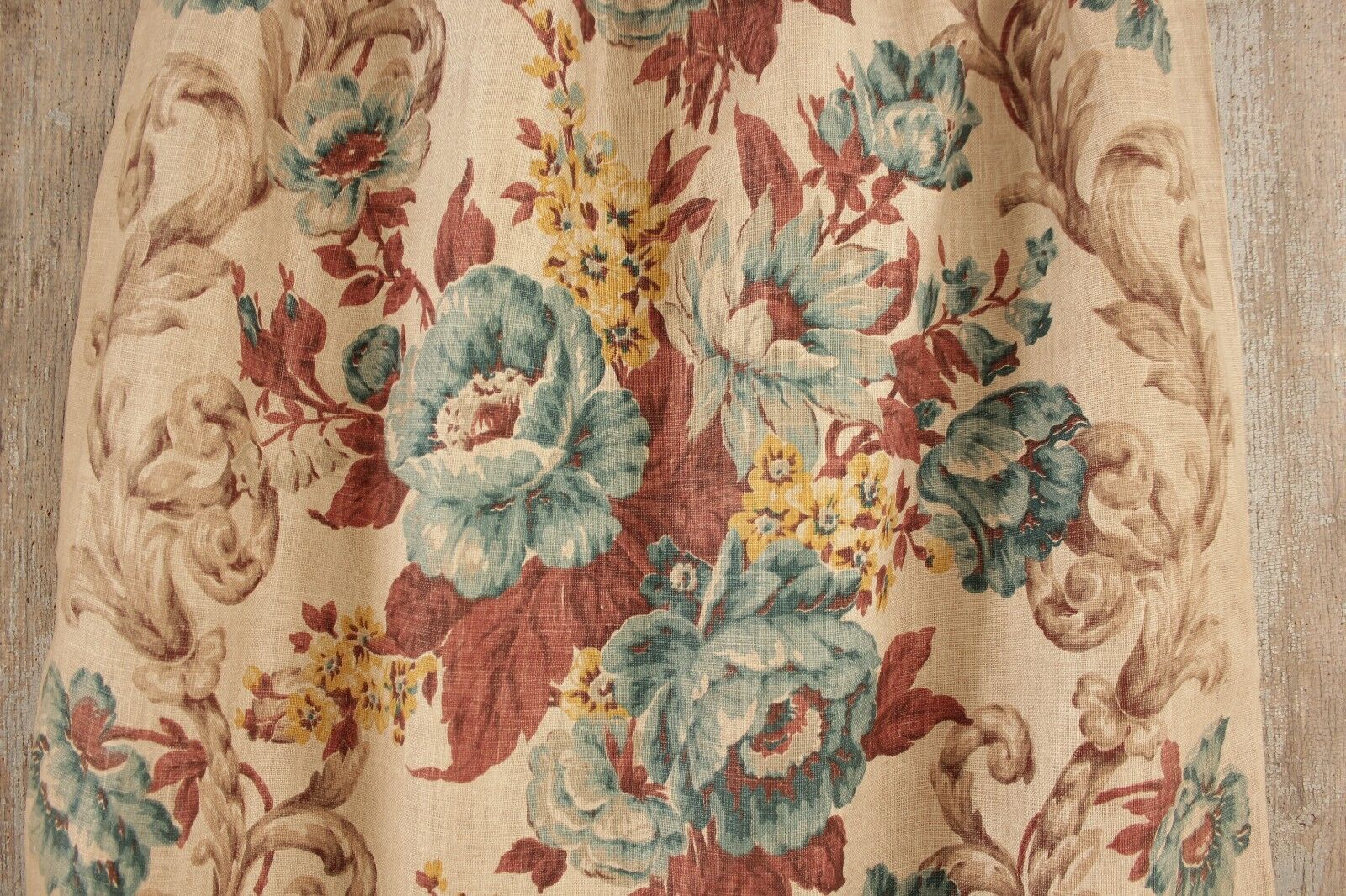 Antique Printed block printed LINEN curtain 1900 FLORAL blue yellow 