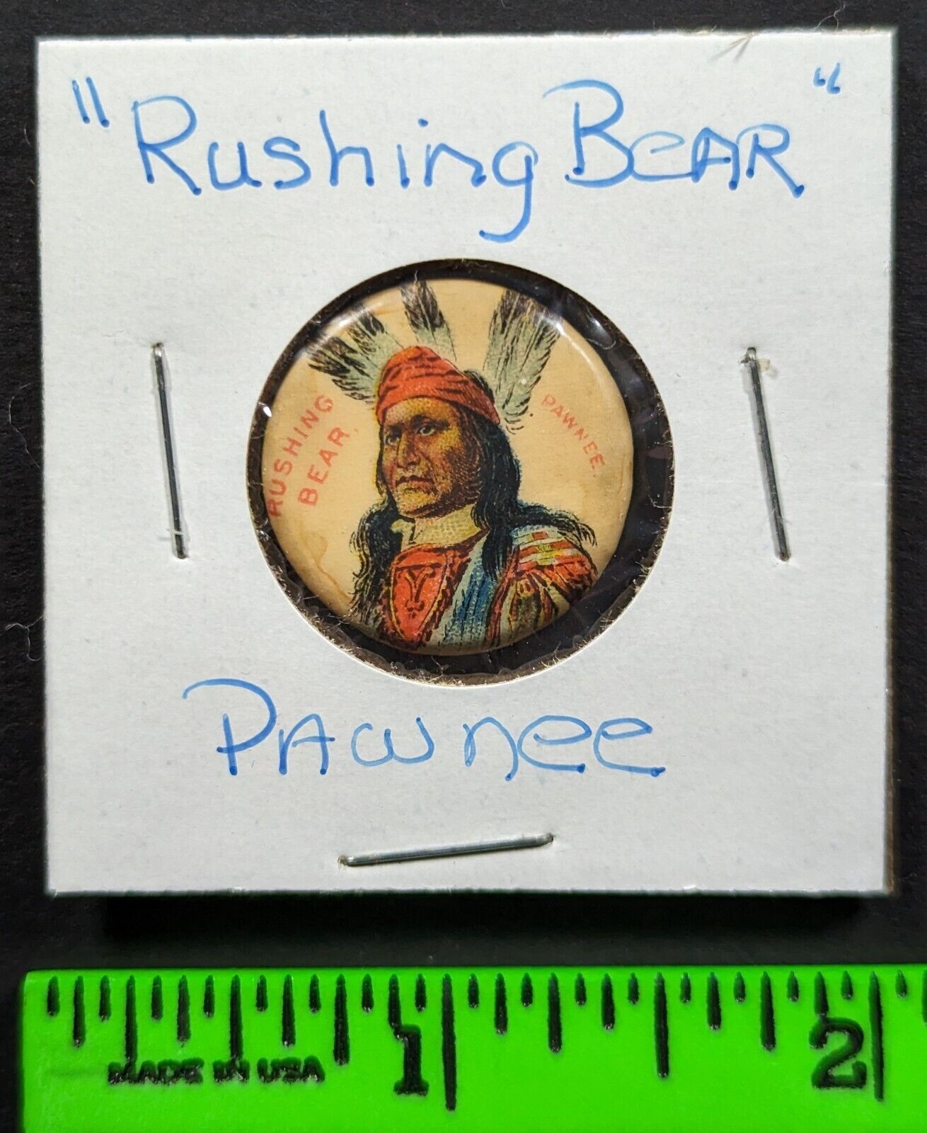 Vintage 1900s Rushing Bear Native American Pawnee Pinback Pin