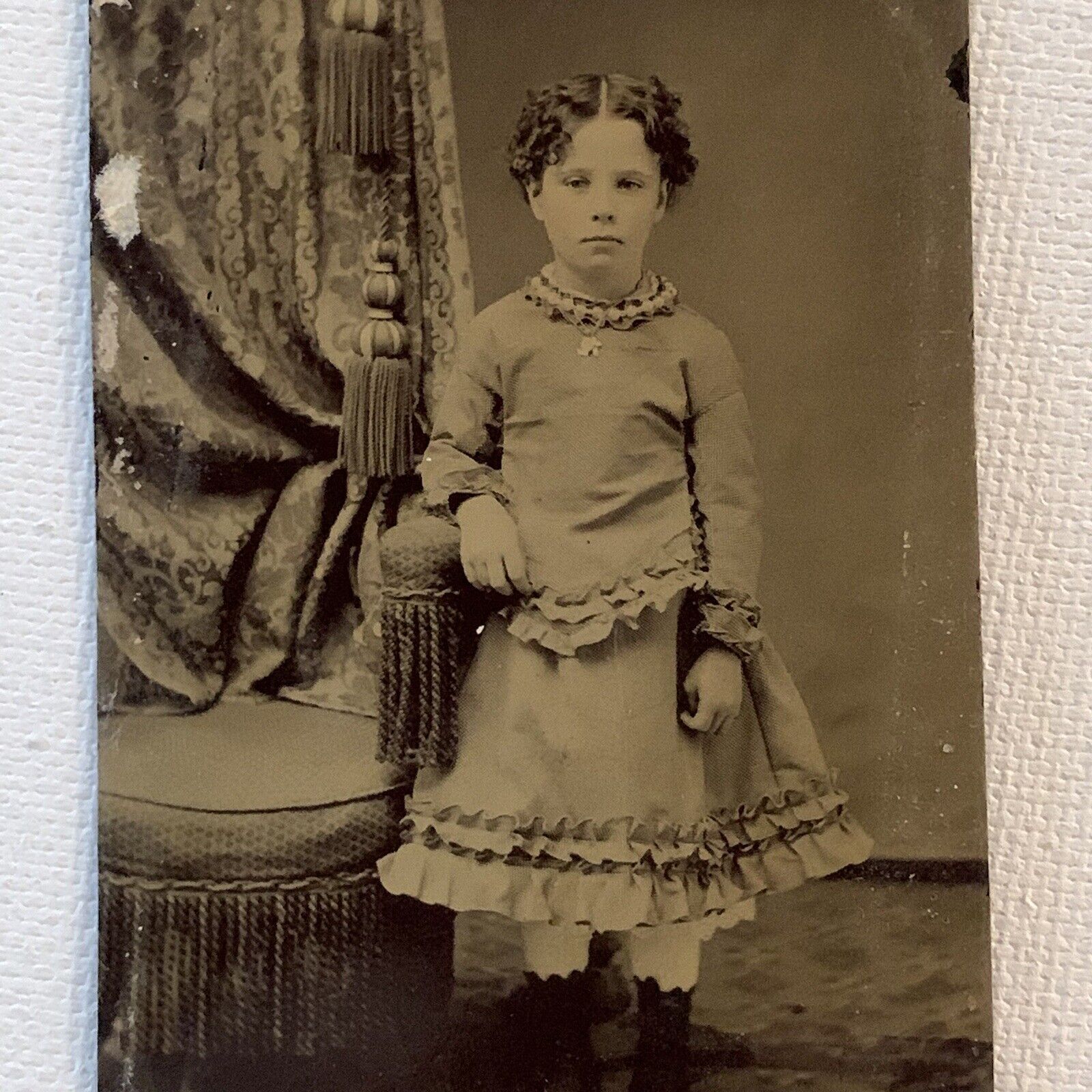 Antique Tintype Photograph Adorable Fashionable Little Girl Great Dress Boots