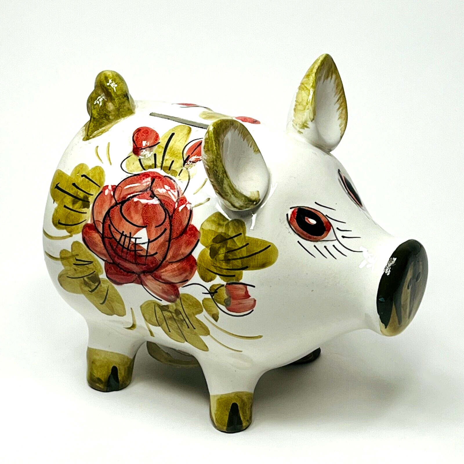 ITALIAN POTTERY PIGGY BANK with Hand Painted Face and Florals Vintage