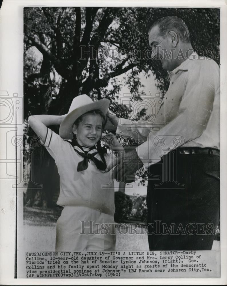 1960 Press Photo Ten Year Old Darby Collins of FL Tries on Sen Johnson\'s Hat