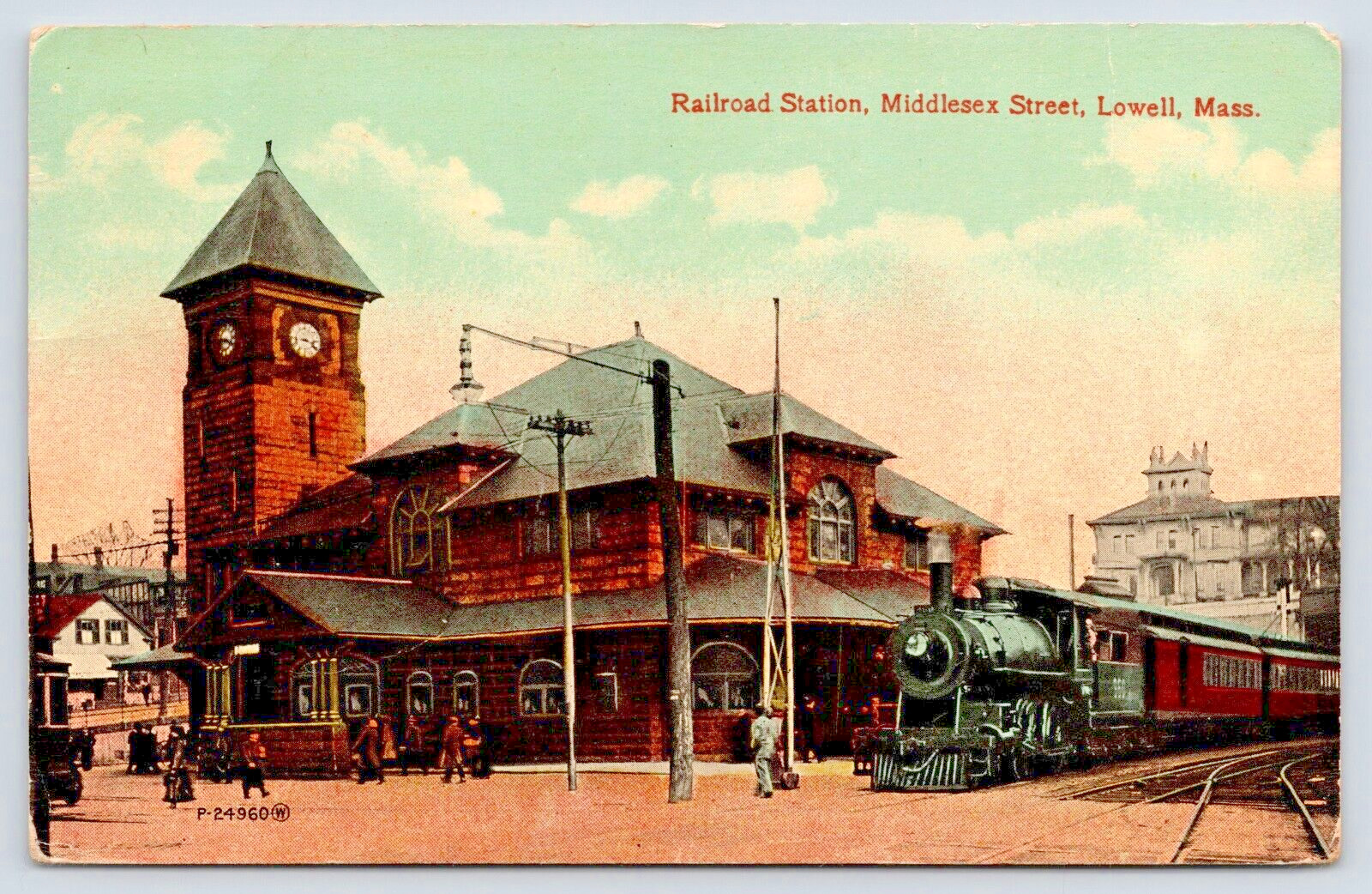 Postcard 1916 Railroad Station Middlesex Street Lowell Mass. Train at Depot A9
