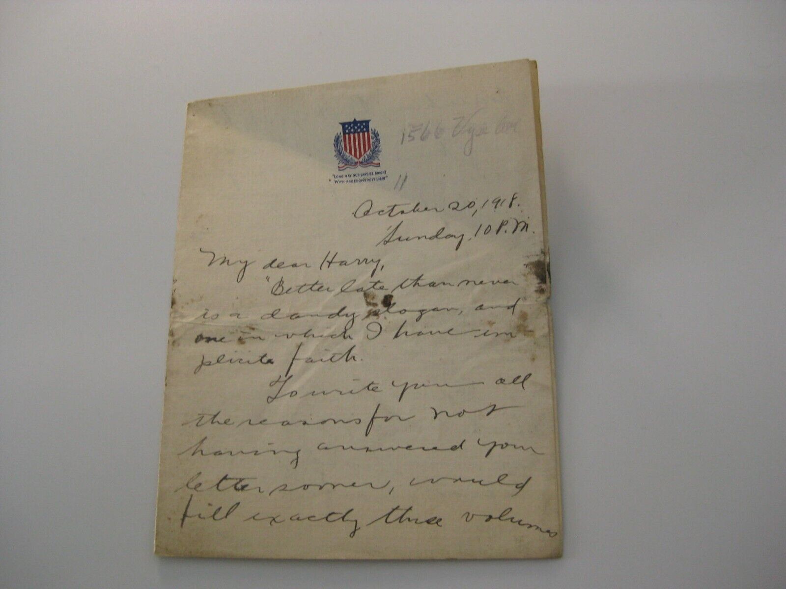 WWI 1918 Female Letter to Soldier Spanish Flu Liberty Bond My Country Tis Thee