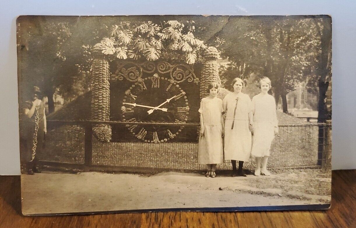 Vintage 1900s Floral Clock with Women Photograph 5.5x 3.5in Black White Original
