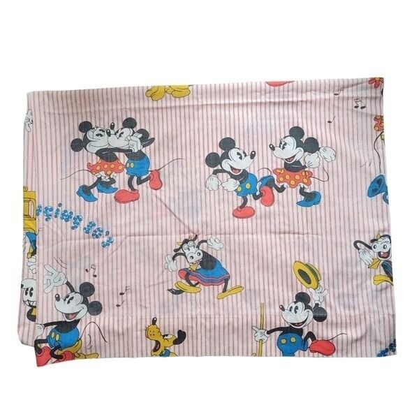 VTG Walt Disney Productions Swinging 30s Mickey Mouse Minnie Flat Sheet Striped