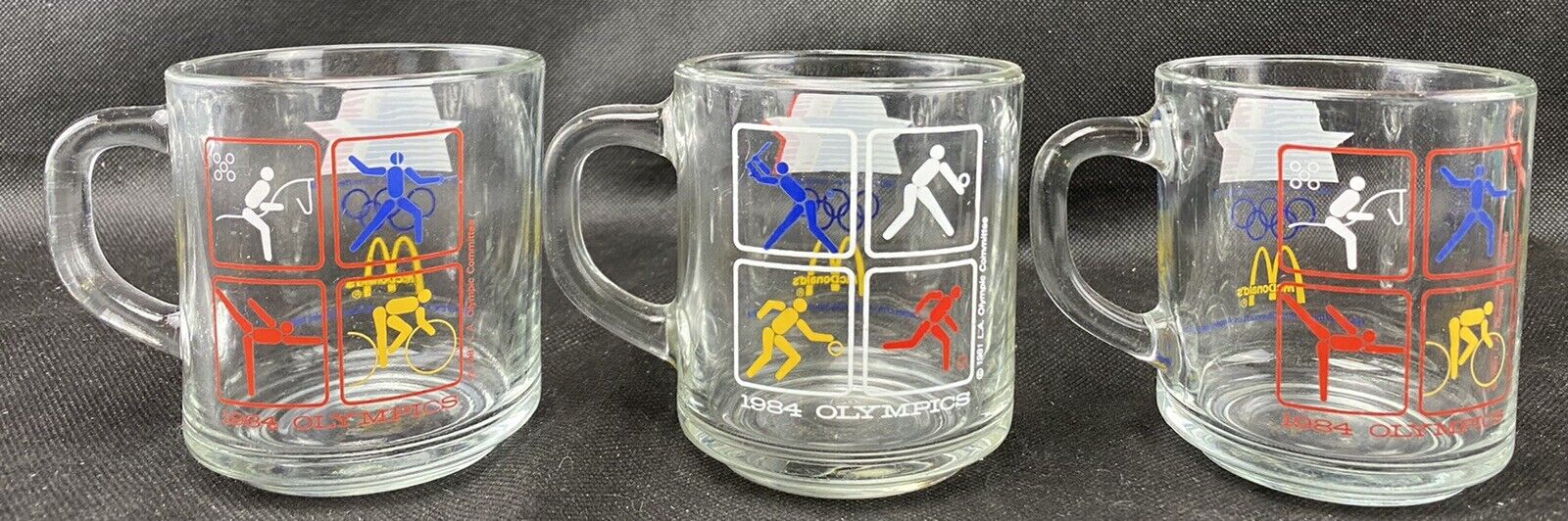Vintage 1984 McDonald’s LA OLYMPICS Coffee Mug Set of 3 Anchor Hocking Glass USA
