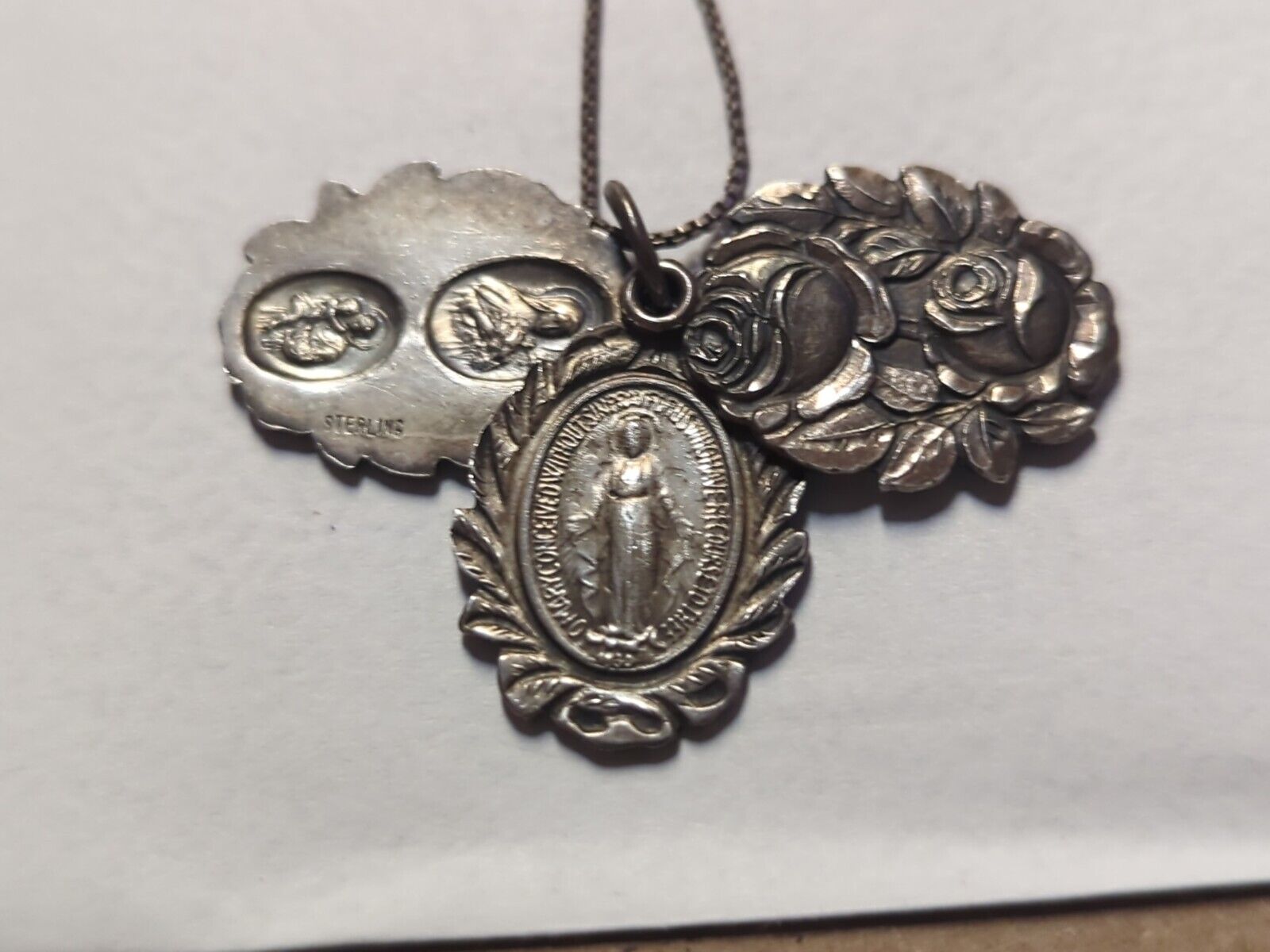 Vtg Sterling Silver Mary Conceived Without Sin Religious Slide Pendant Necklace
