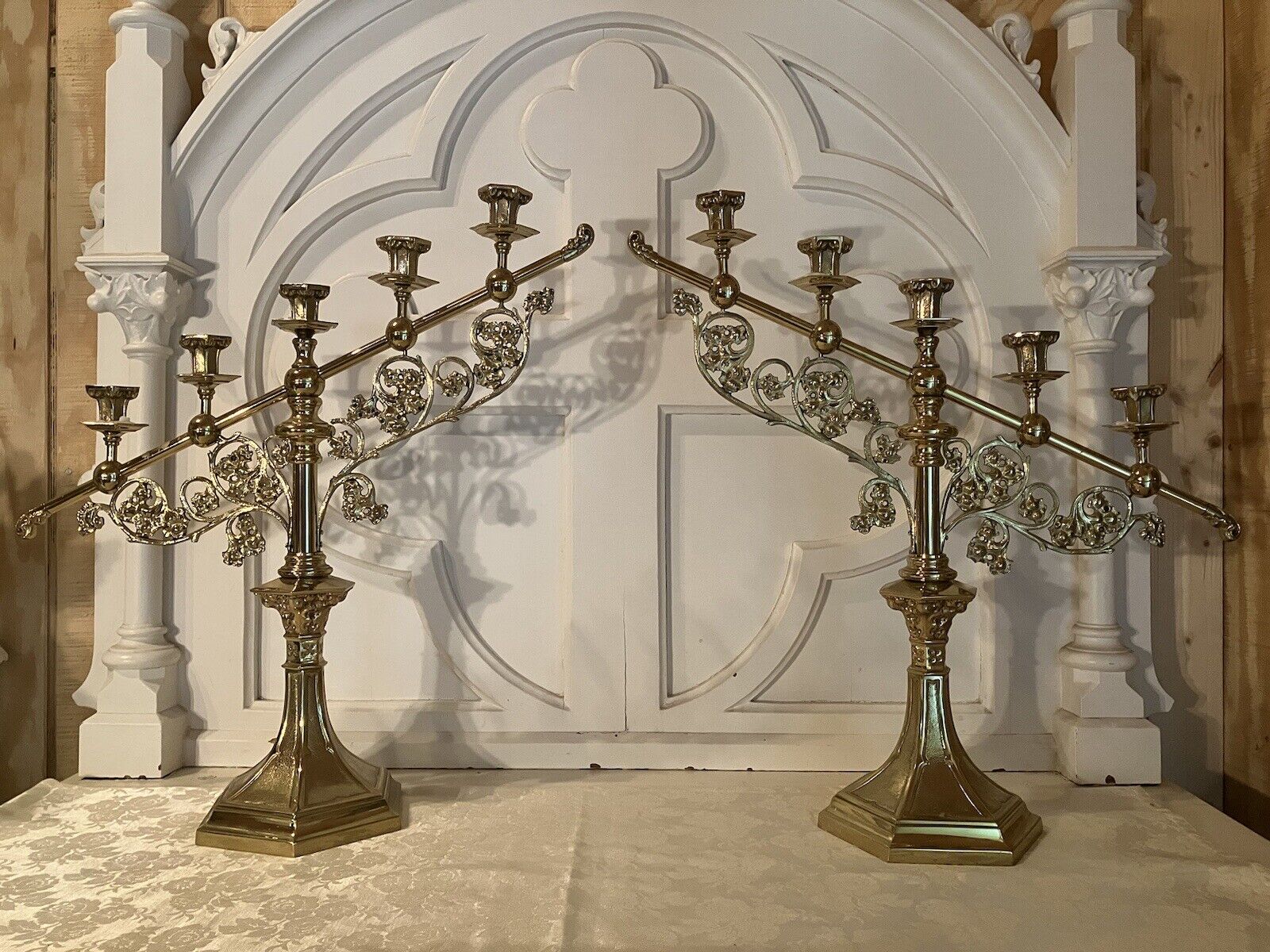 Pr Lg Antique Vintage Ornate Heavy Brass Church Candelabra Candle Holders 23”H