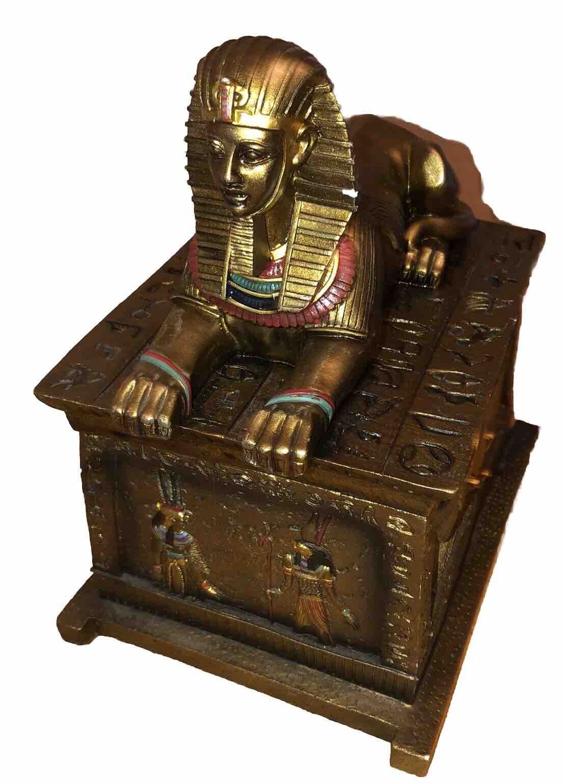 Vintage Ancient Egyptian Sphinx Sarcophagus Gold 9” Box / Figurine