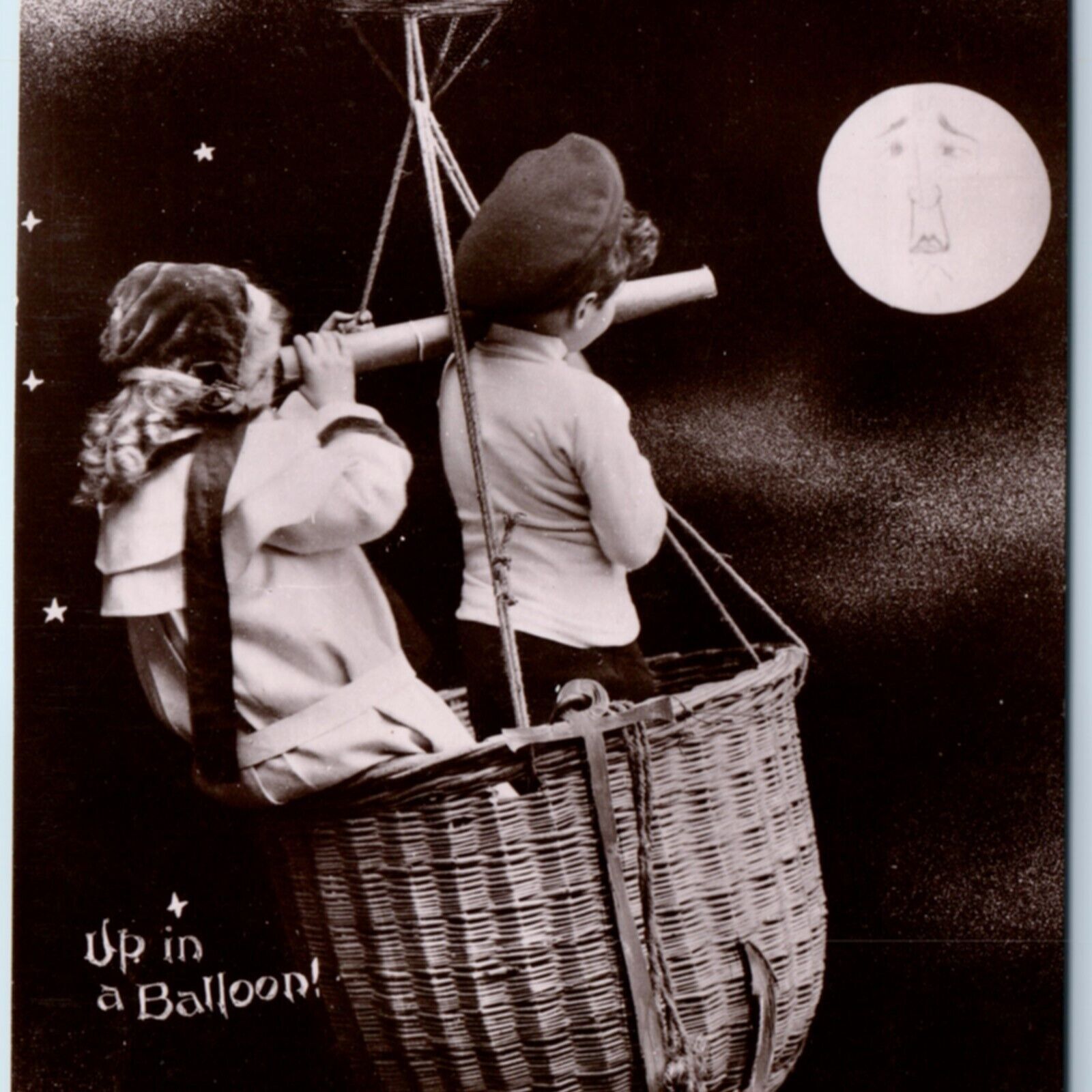 c1910s Cute Kids Ride Balloon RPPC Telescope Man in Moon Boat Anchor Photo A156
