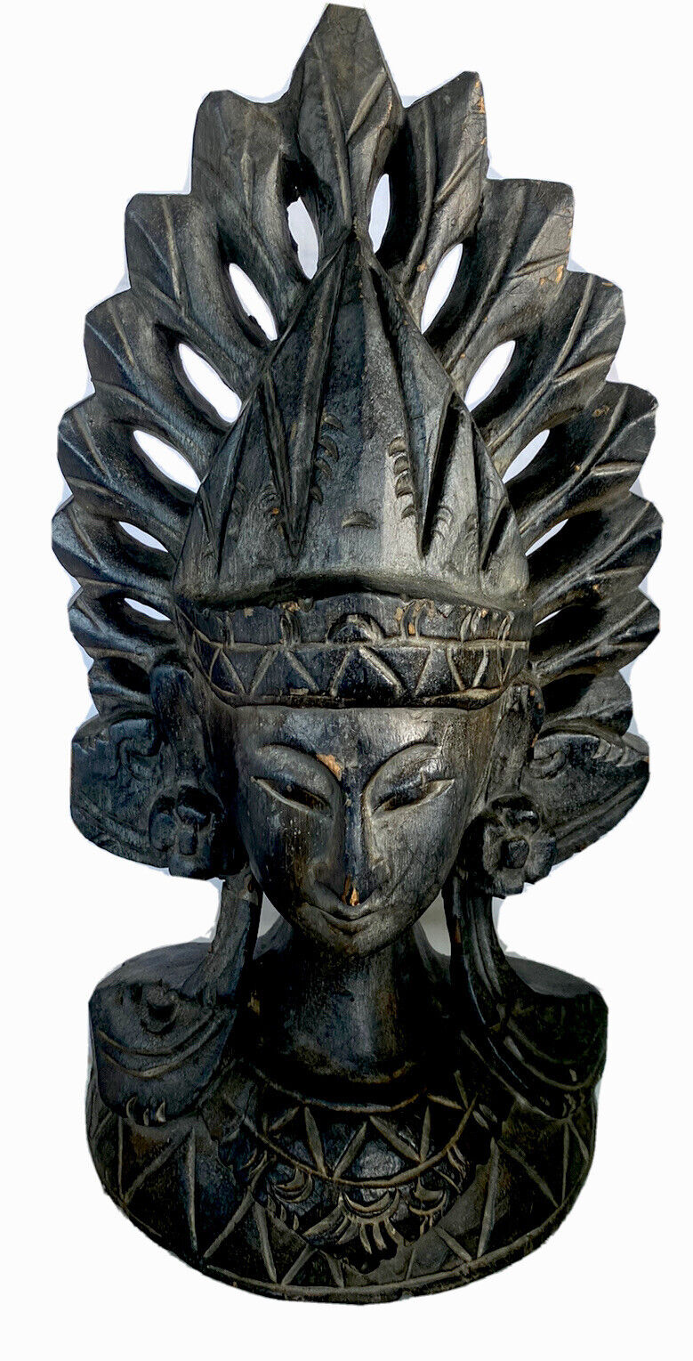 Vintage Indonesian Hand Carved Wood Statue Head Dress Figure Sculpture
