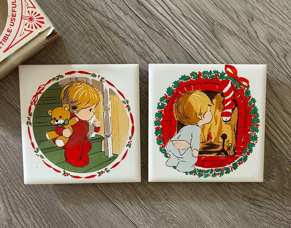 Vintage 1981 Jasco Ceramic Christmas Trivets Tiles Set Of 2 Original Box Taiwan