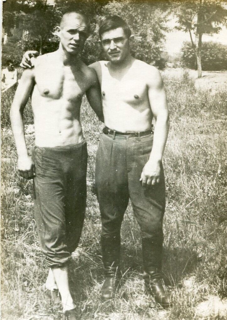 Shirtless Handsome young men couple hug bulge beach trunks gay vtg photo