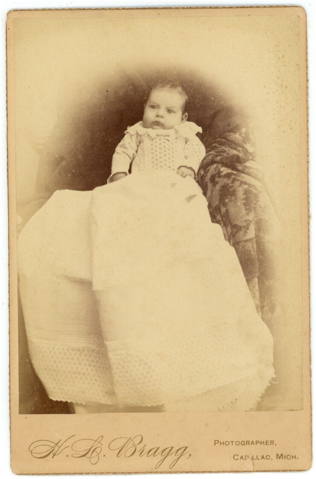 Antique Circa 1880s Cabinet Card Bragg Adorable Baby White Dress Cadillac, MI