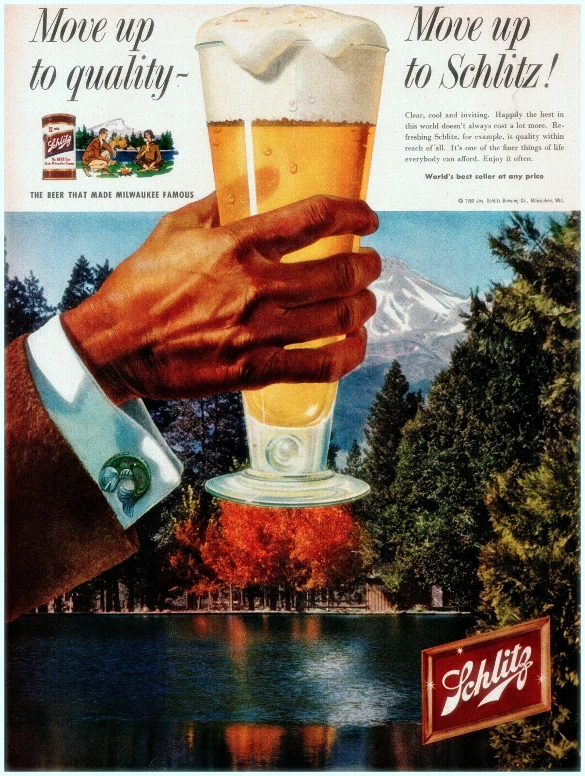 1958 Schlitz Beer Vintage Print Ad Move Up To Quality Lake And Mountains 