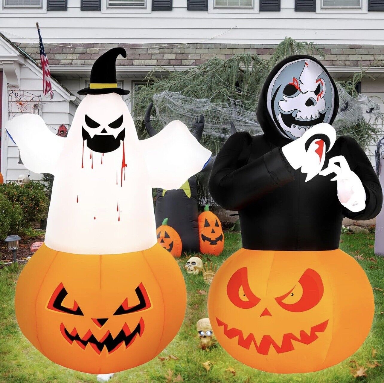 2 Pcs 5 FT Halloween Inflatables Decorations Ghost Pumpkin Skeleton Halloween