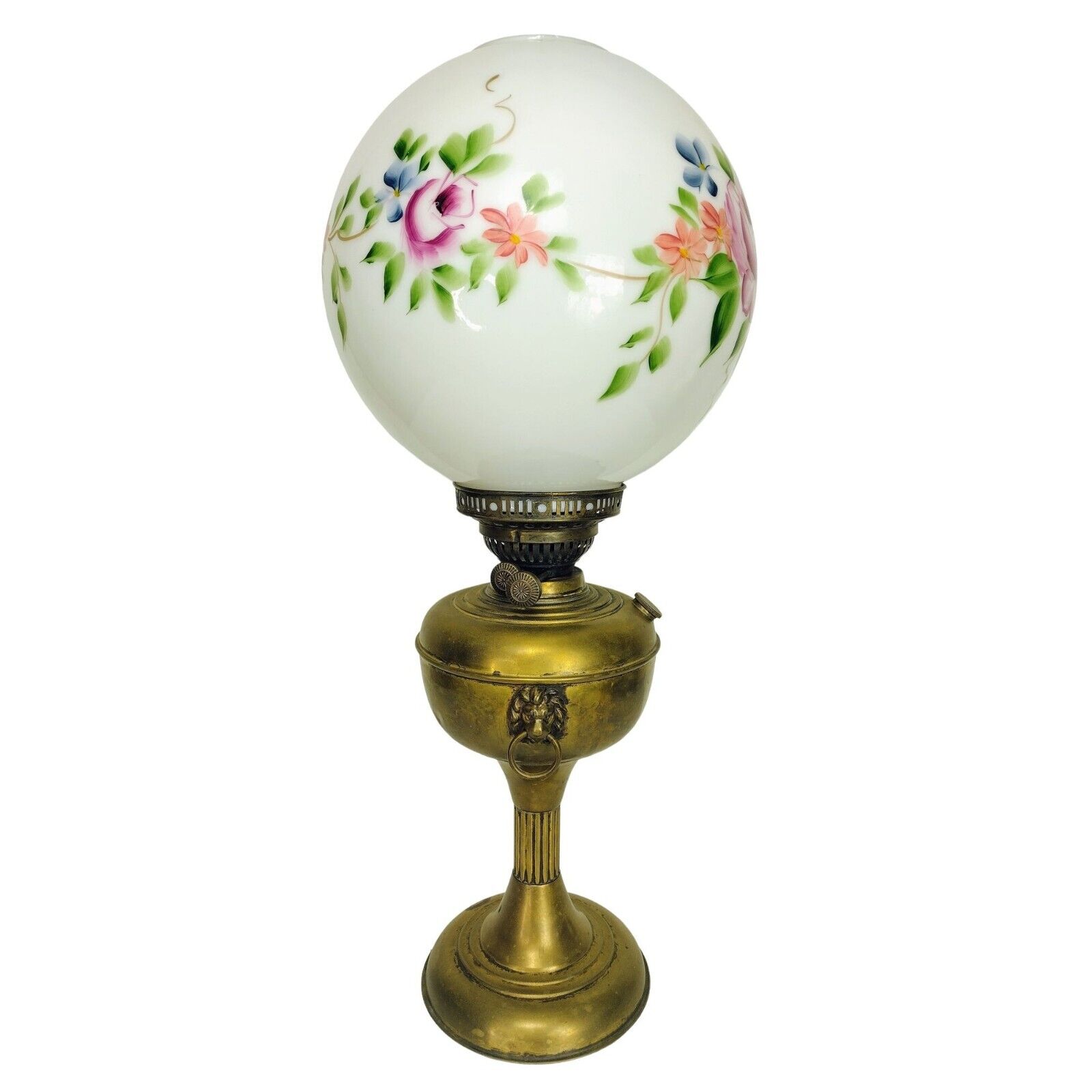 Brass Oil Lamp with White Hand Painted Floral Globe Hurricane Lamp Antique