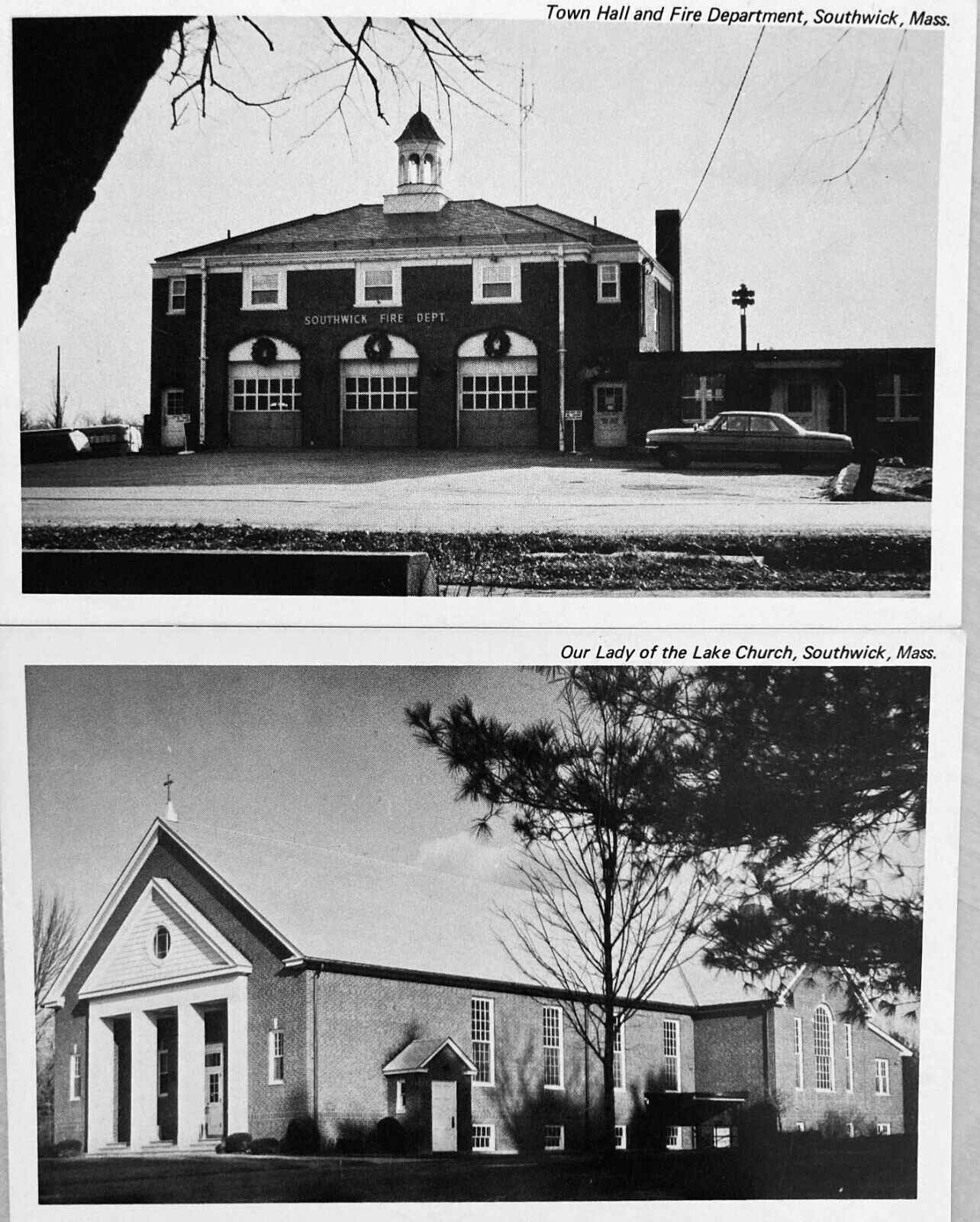 Lot of 2 Vintage Postcards Southwick MA Fire Department Town Hall Church