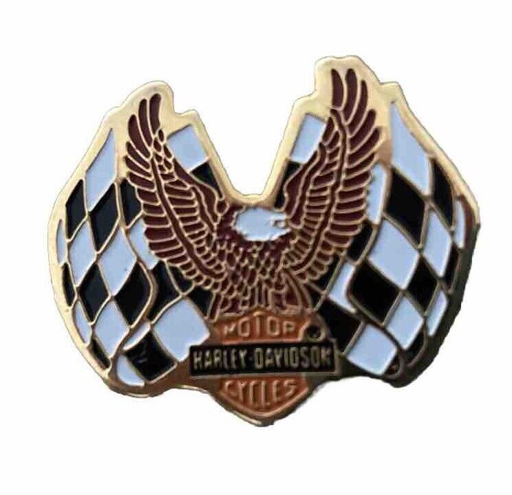 Harley Davidson Motorcycles Eagle With Checkered Flag Lapel Pin