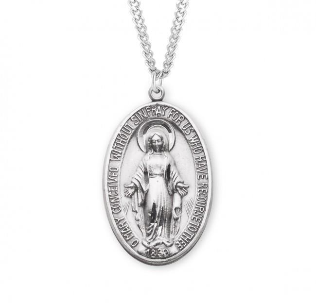 Elegant Sterling Silver Oval Miraculous Medal Size 1.8in x 0.9in