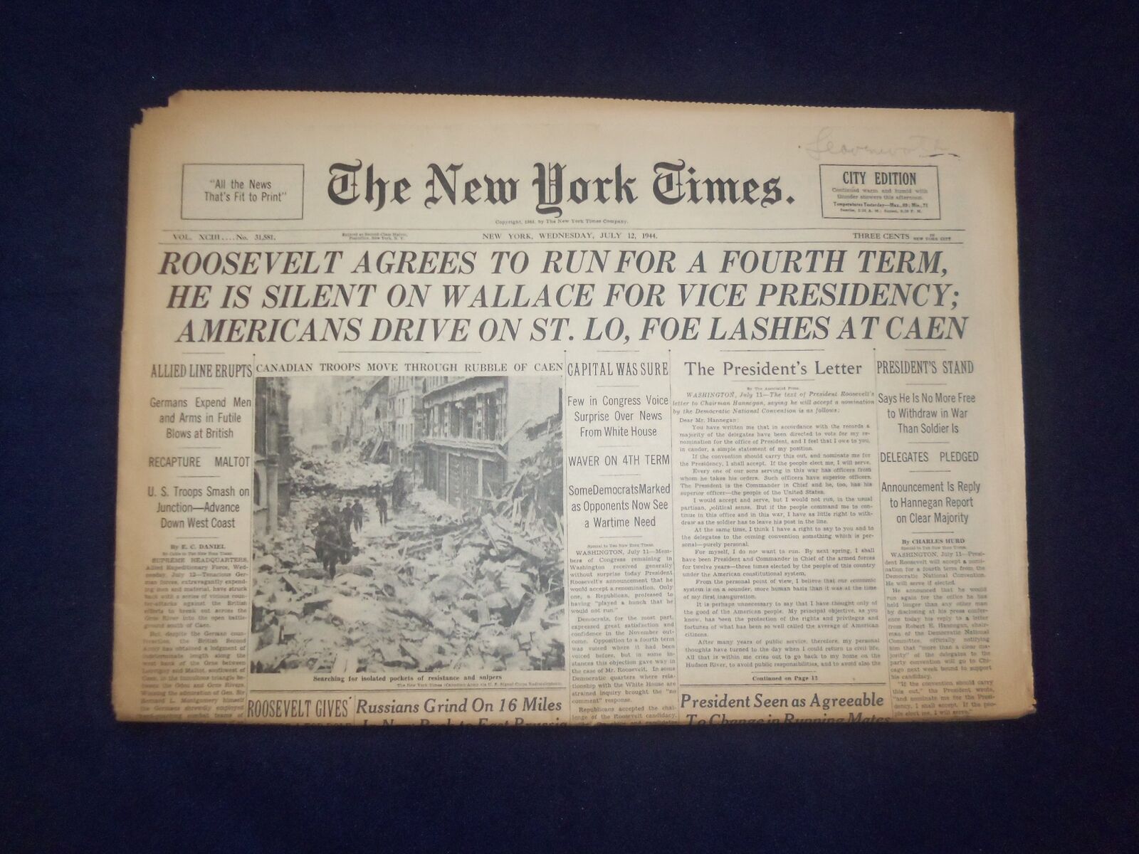1944 JULY 12 NEW YORK TIMES - ROOSEVELT AGREES TO RUN FOR A FOURTH TERM- NP 6590