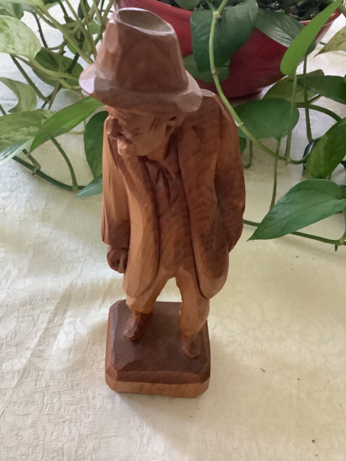 Vintage Hand Carved Wood Elderly Man Sculpture 10” Tall Signed J. Caron