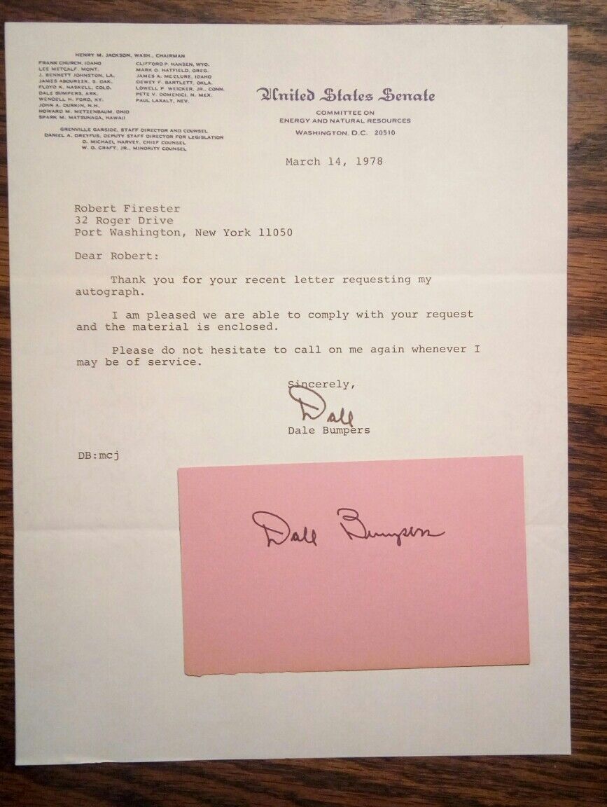 DALE BUMPERS AUTOGRAPH / SIGNATURE ~ Signed card & Senate Letter 1978