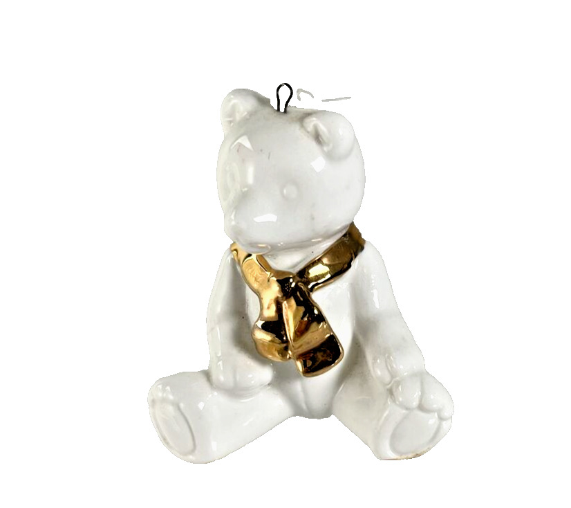 Vintage Dept 56 White Ceramic Teddy Bear Christmas Ornament Gold Scarf Hanging