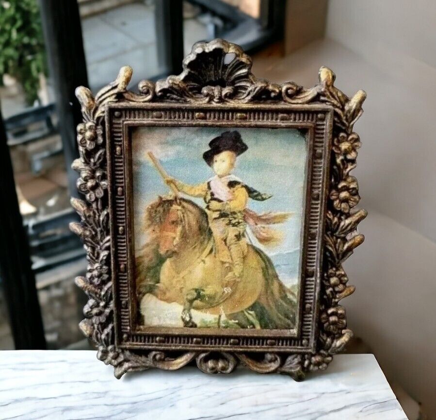 Italian Bronze Ornate Framed Glass Boy on Horse Prince Balthasar Charles vtg Art