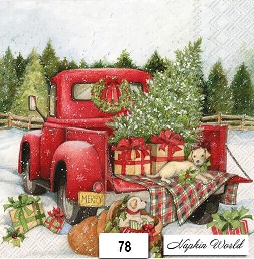 (78) TWO Paper Luncheon Decoupage Art Craft Napkins - CHRISTMAS RED TRUCK TREE