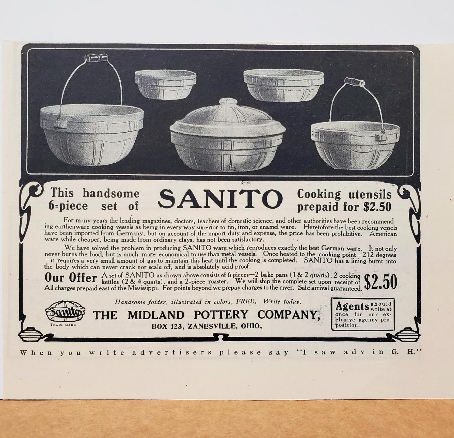 1907 Zanesville OH Midland Pottery Sanito Cooking Set / McCray Fridge Print AD