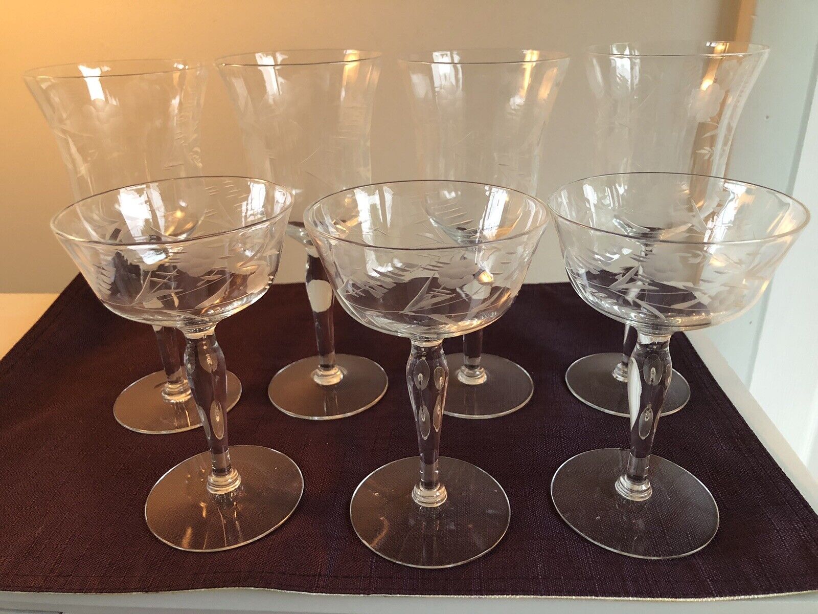 7 Antique Etched Matching Elegant European Wine & Cocktail Glasses - MINT