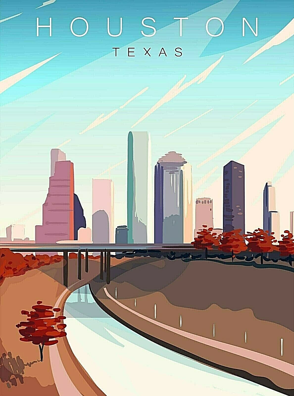 Houston Texas Cityscape United States Retro Travel Art Poster Print