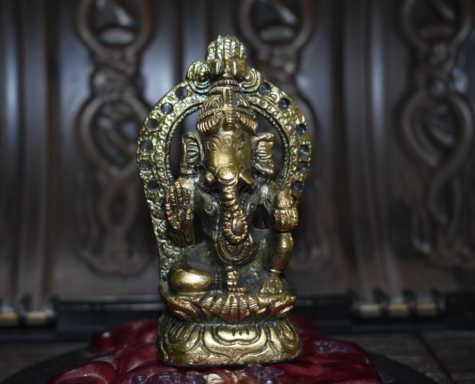 vintage Small Beautiful Ganesh Golden Gold Brass Statue Figure - Hindu elephant