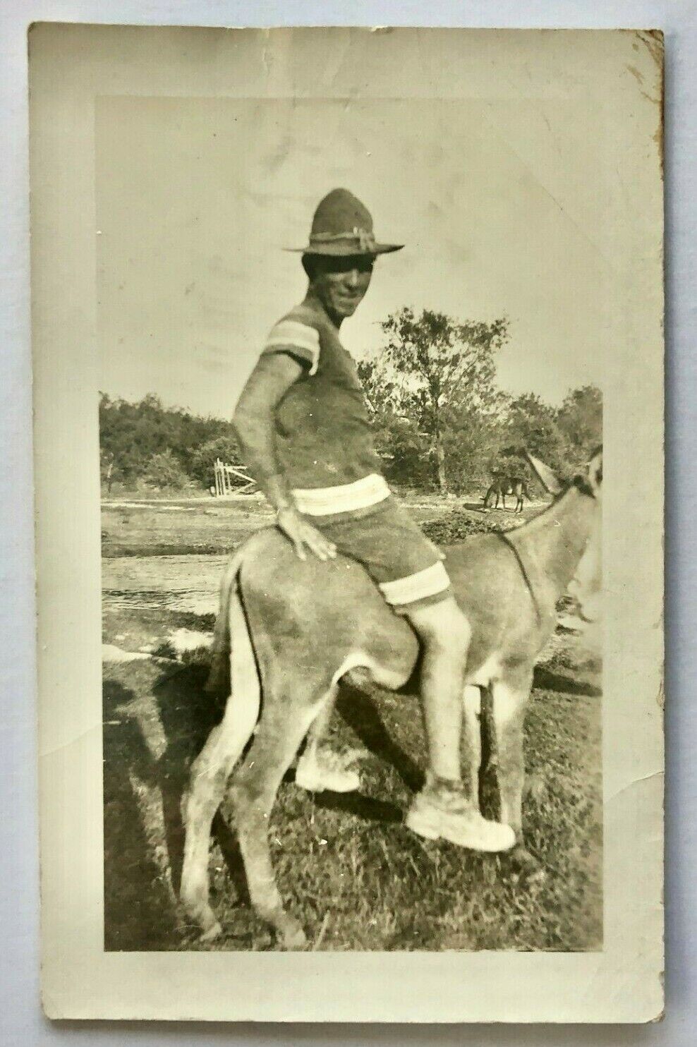 1910s Soldier Riding Donkey Burro Mule RPPC Postcard Antique Vintage