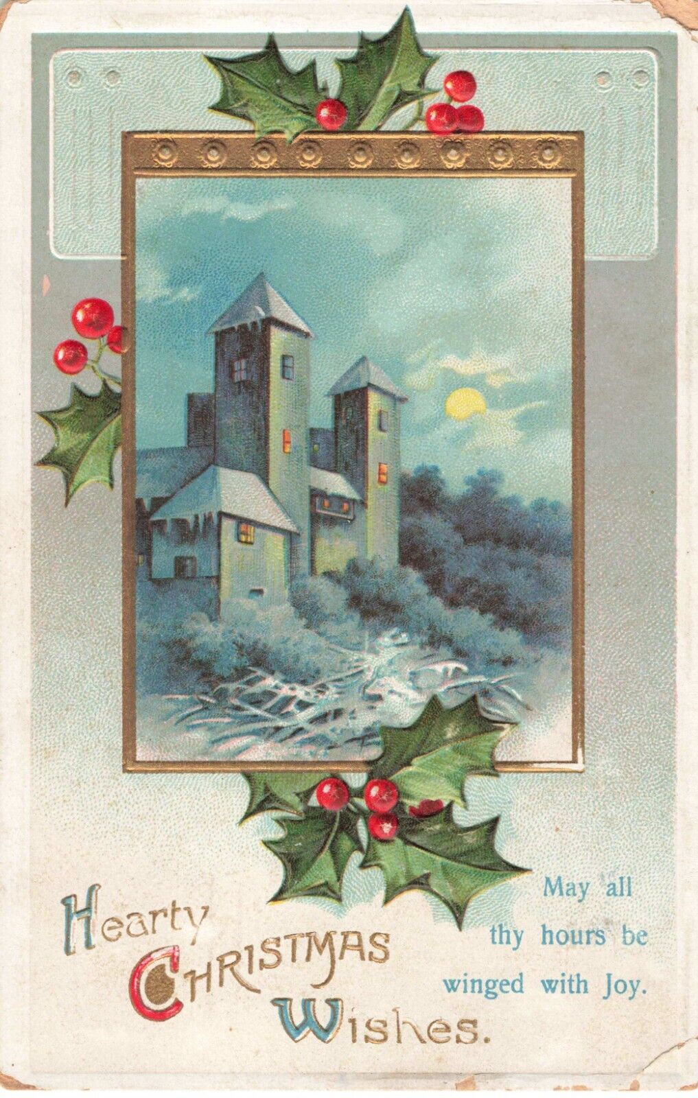 Hearty Christmas Wishes, Holly Castle Scene Embossed, Vintage Postcard
