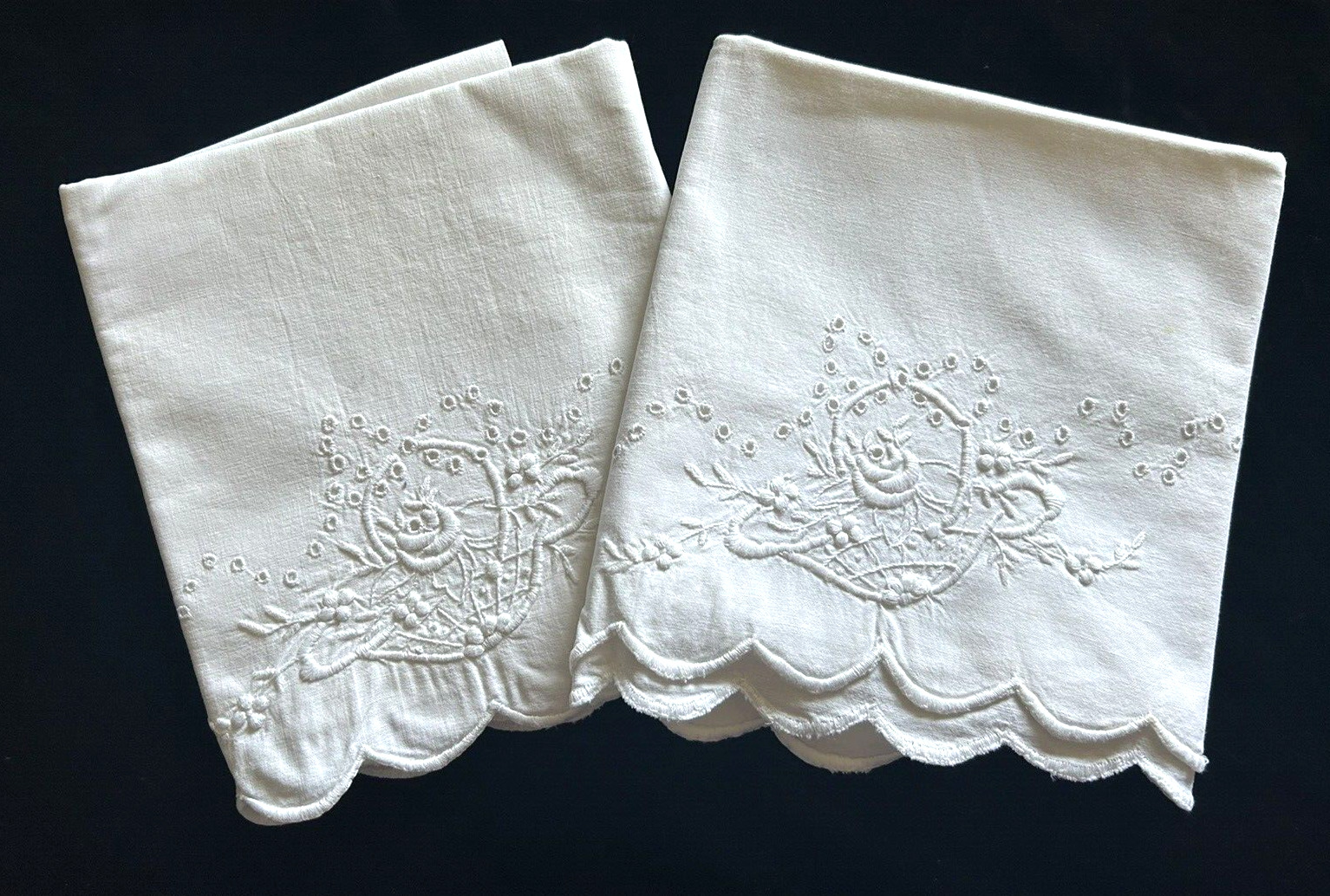 Vintage Pillowcase Set Whitework White Embroidery Floral Cut Work Standard