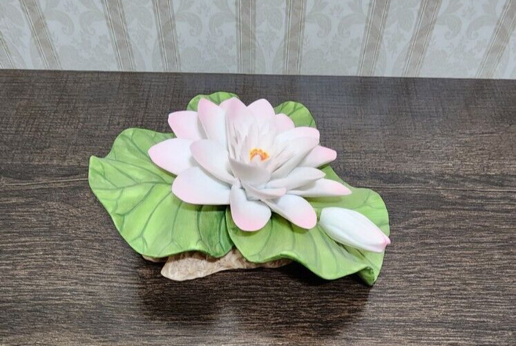 Georgian Fine Porcelain Pink White Lily Flower Bud Lily Pad Leaves on Rock
