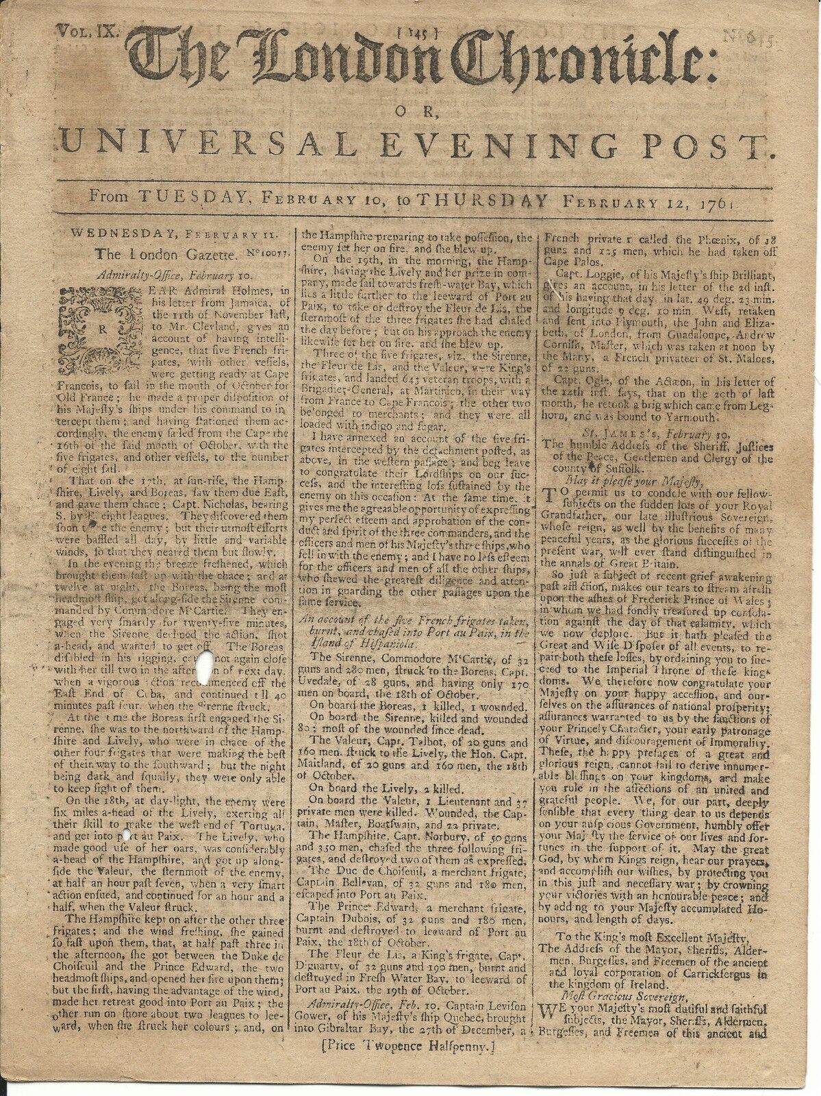 The London Chronicle or Universal Evening Post- Feb. 1761- 8 Pages^