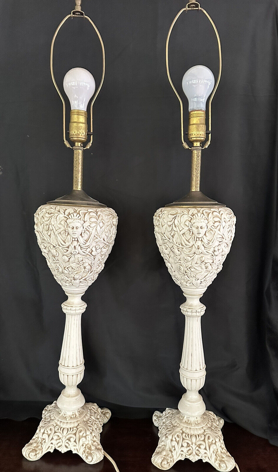 Vintage Pair Lamps Ornate Carved Face & Cherub Cast Metal & Ceramic unique