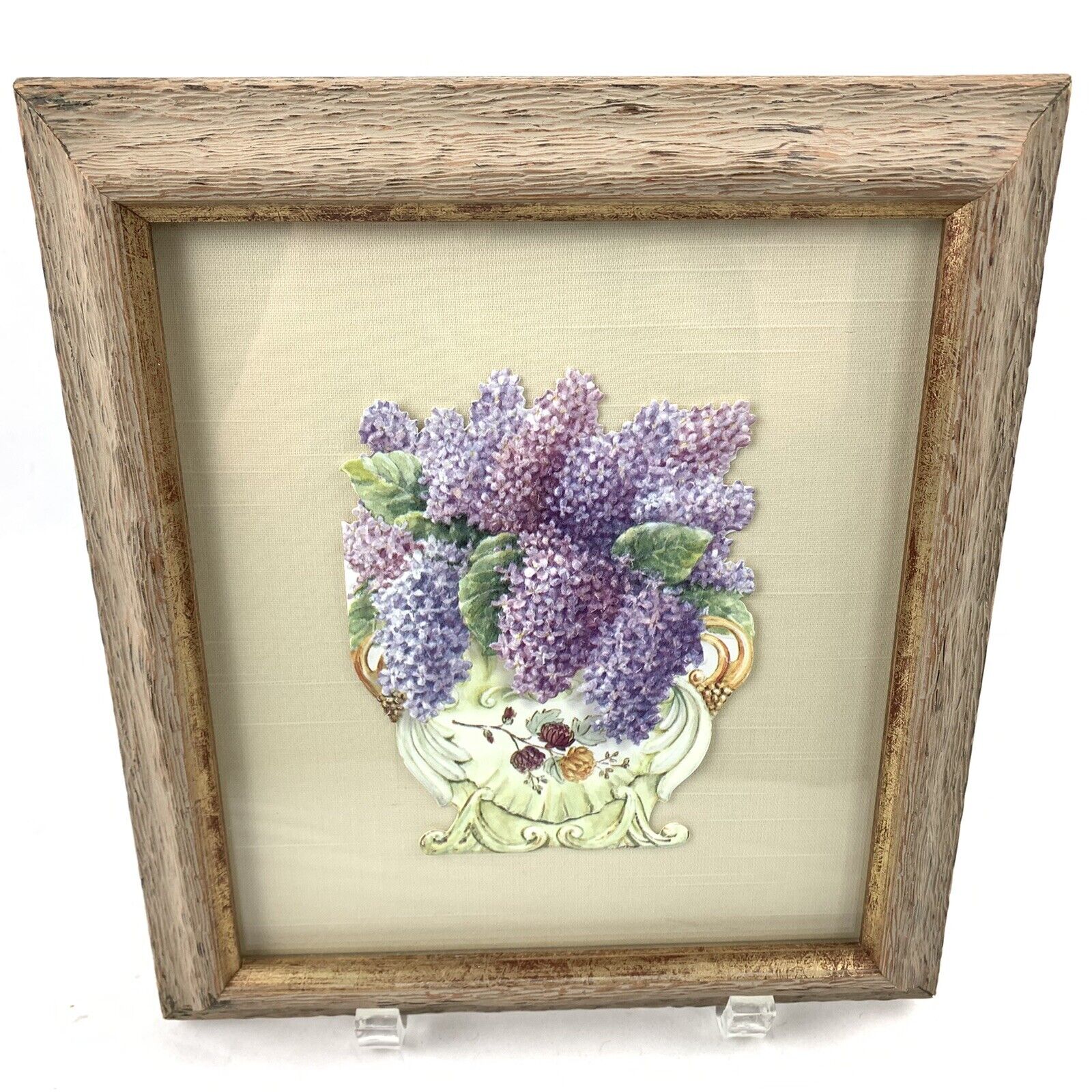 Vtg Custom Framed Die Cut Greeting Card Lilacs in Vase Embossed Ready To Hang